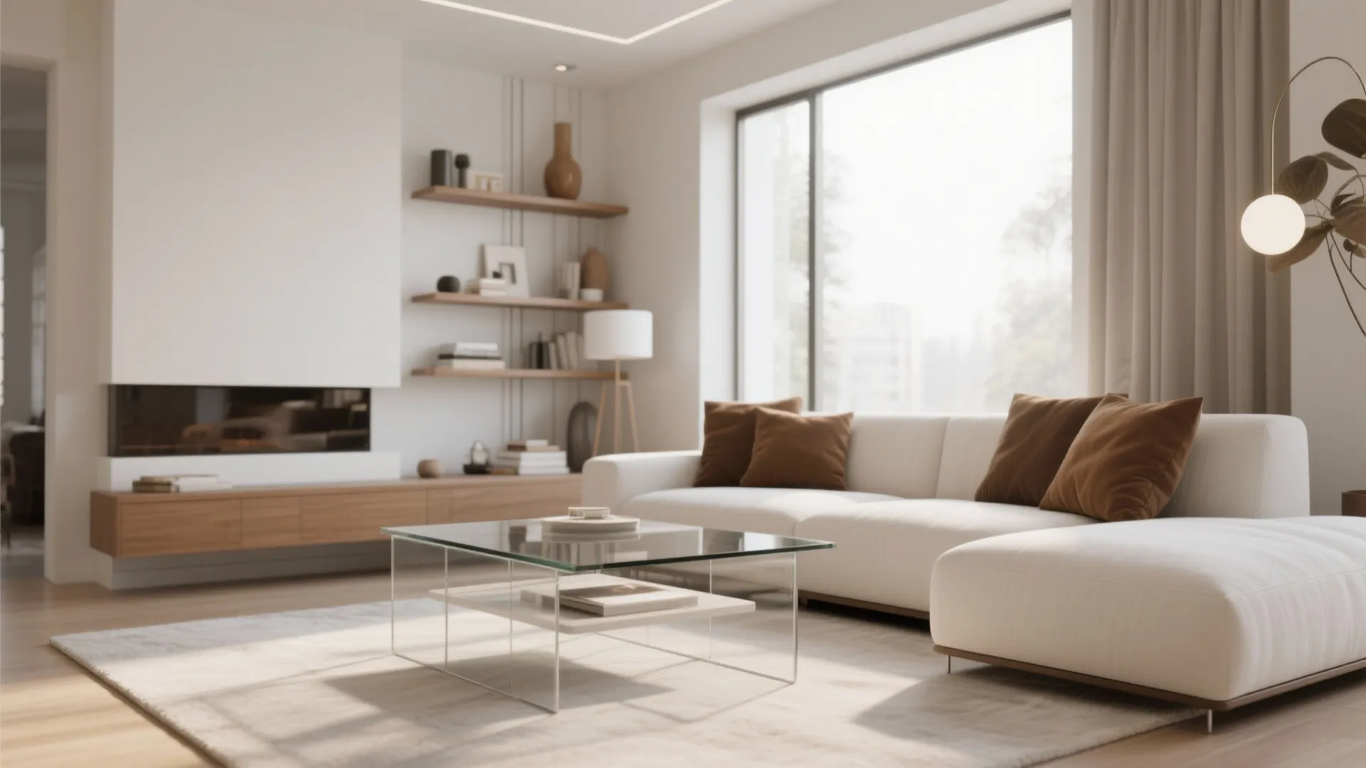 Modern white sofa with brown pillows and glass coffee table in bright living room design