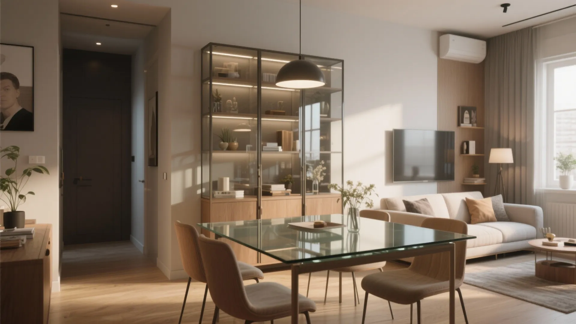 Small open-plan with glass-top table creating light, open feel