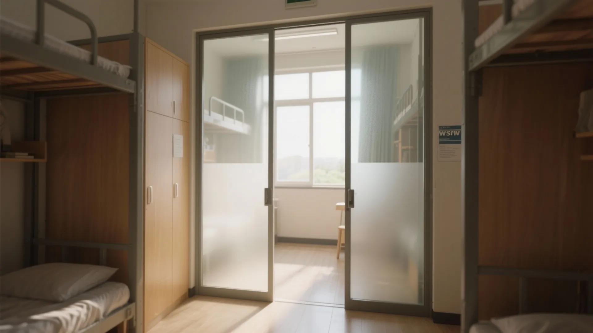 View through sliding glass door into a bedroom with bunk beds and a bright window
