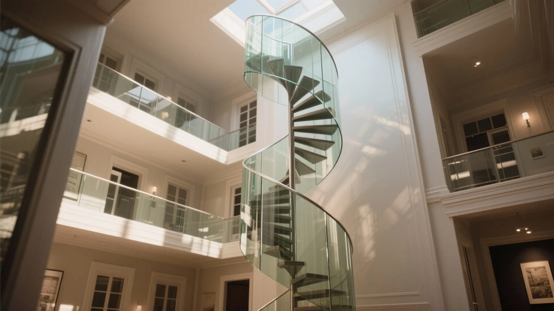 Modern interior design with a glass spiral staircase in a bright hallway with white walls