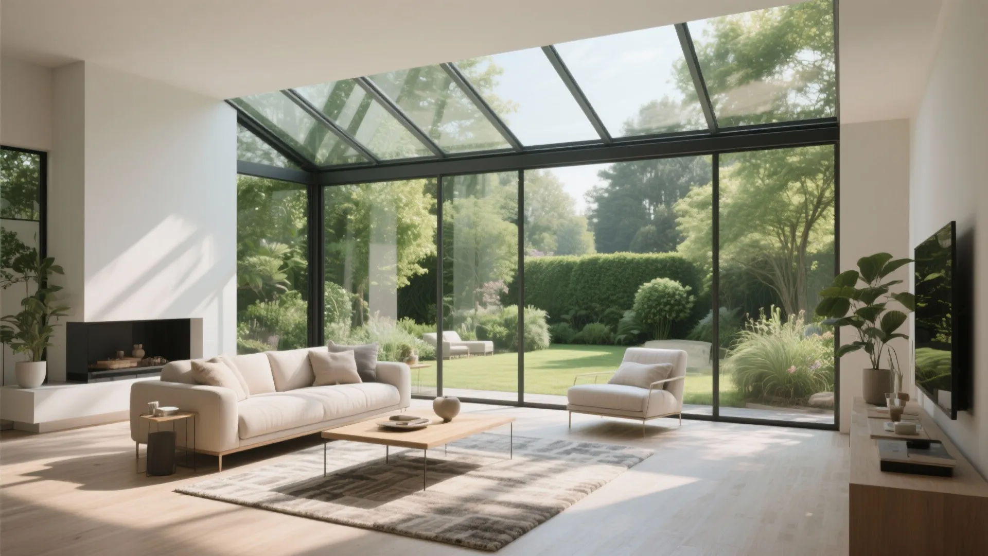 Modern sunroom with white sofa wood table glass walls large windows and lush green garden view