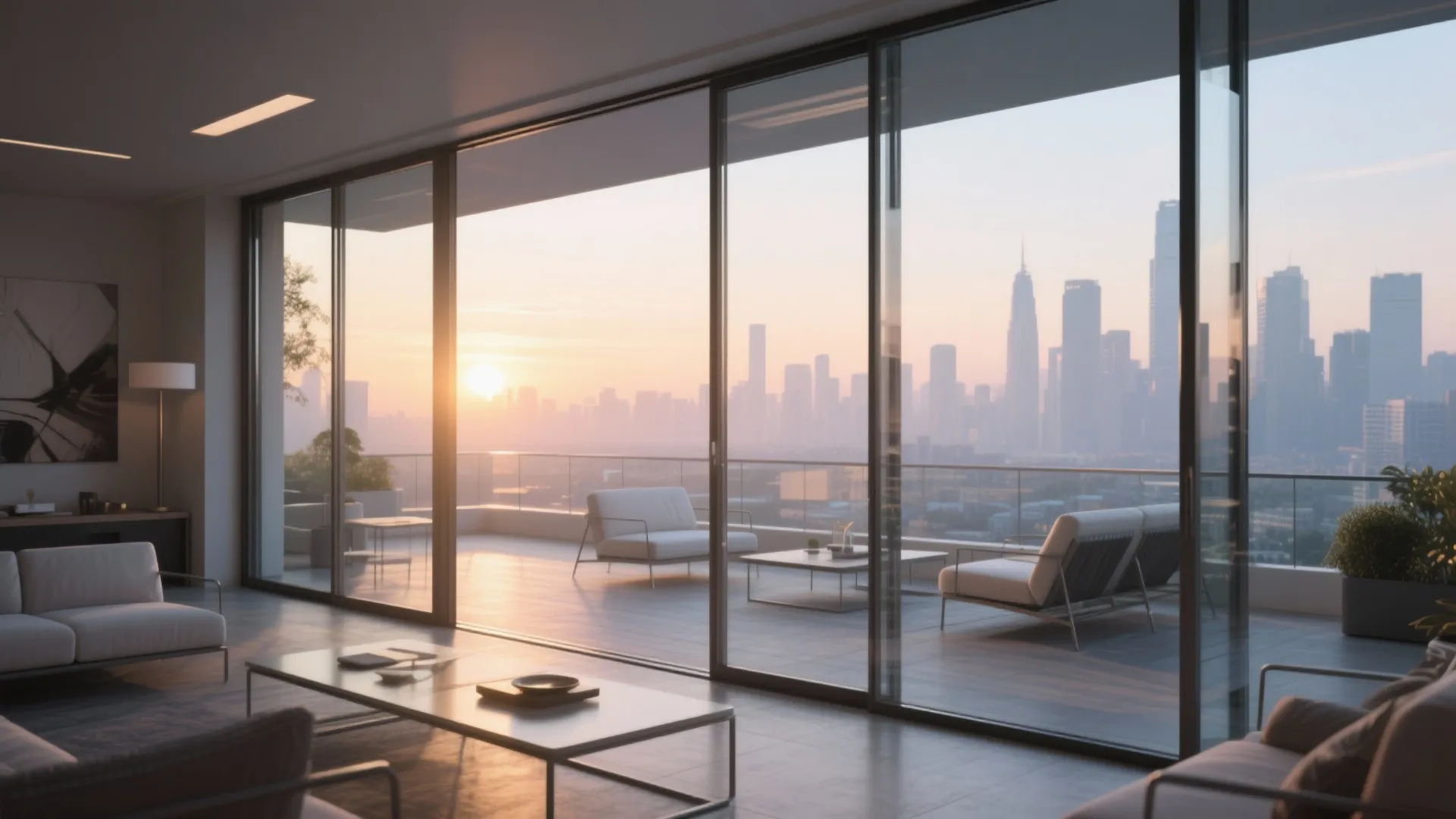 Luxury living room with large glass doors opening to a balcony overlooking city skyline sunset
