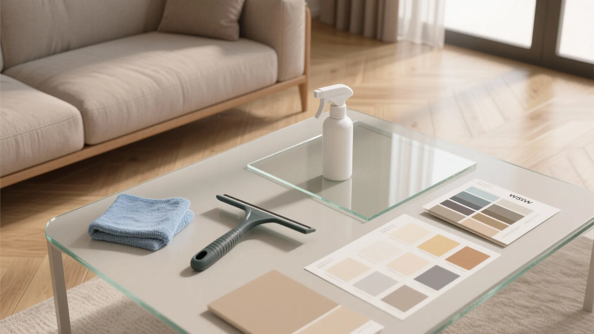 Glass coffee table with cleaning spray bottle squeegee blue cloth and color palette cards in room