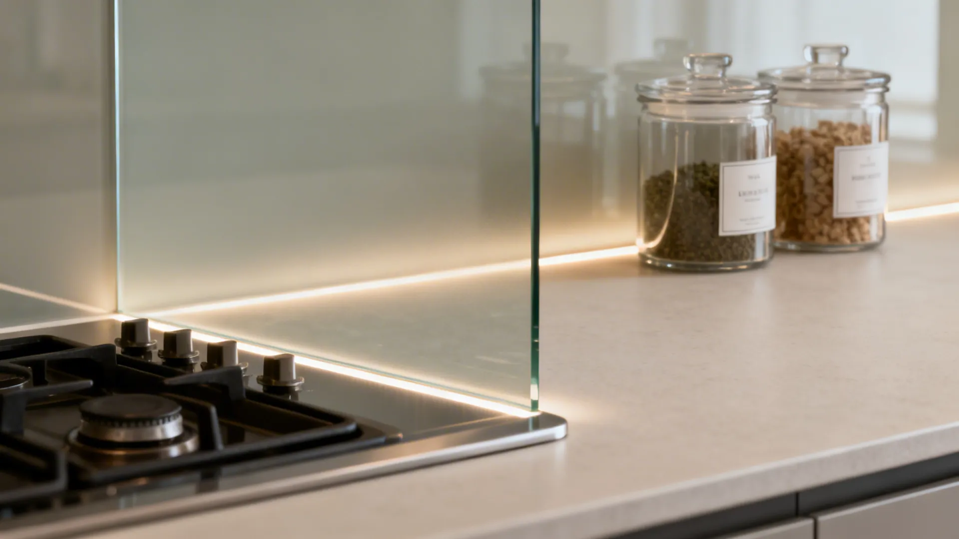 Close-ups of tempered back-painted glass, diffused LEDs near glass, and clear canisters on a matte counter.