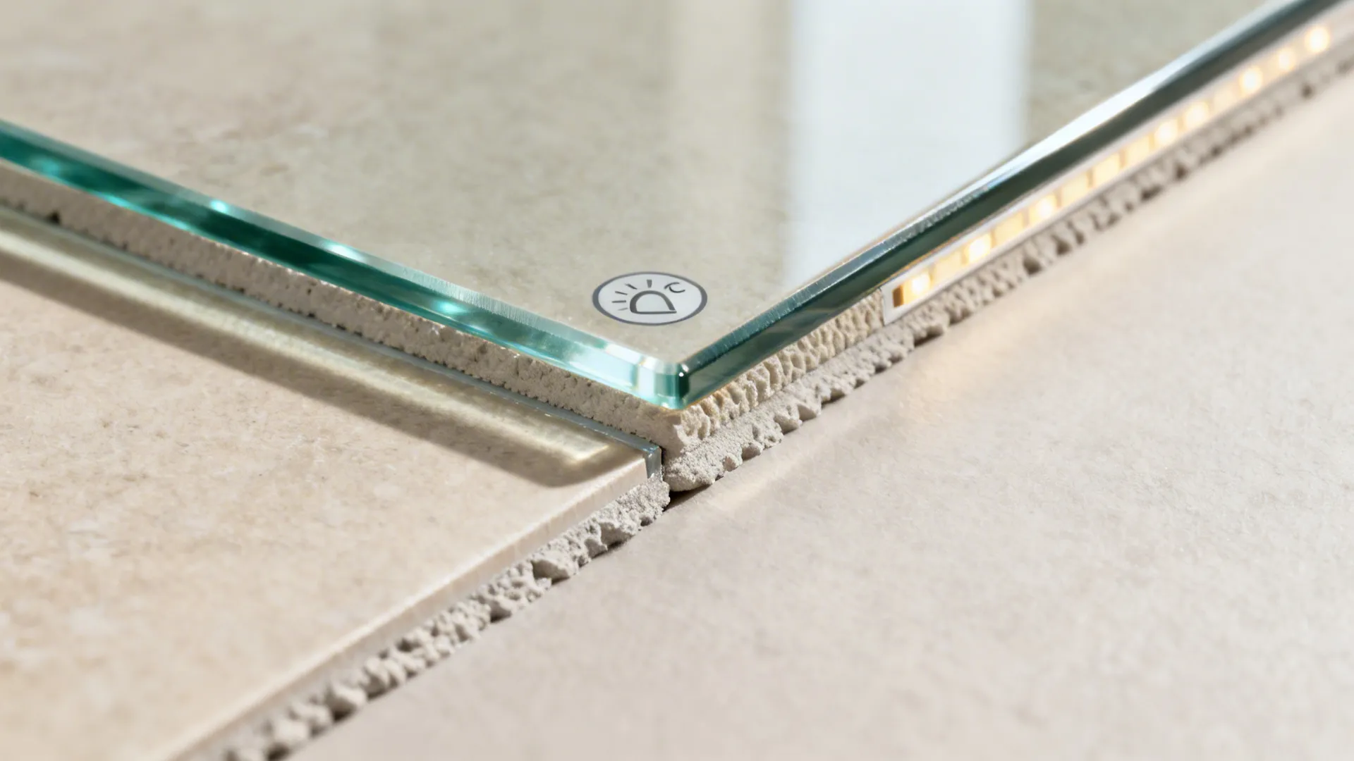 Macro of polished glass tile edge with epoxy grout and dimmable LED strip sample