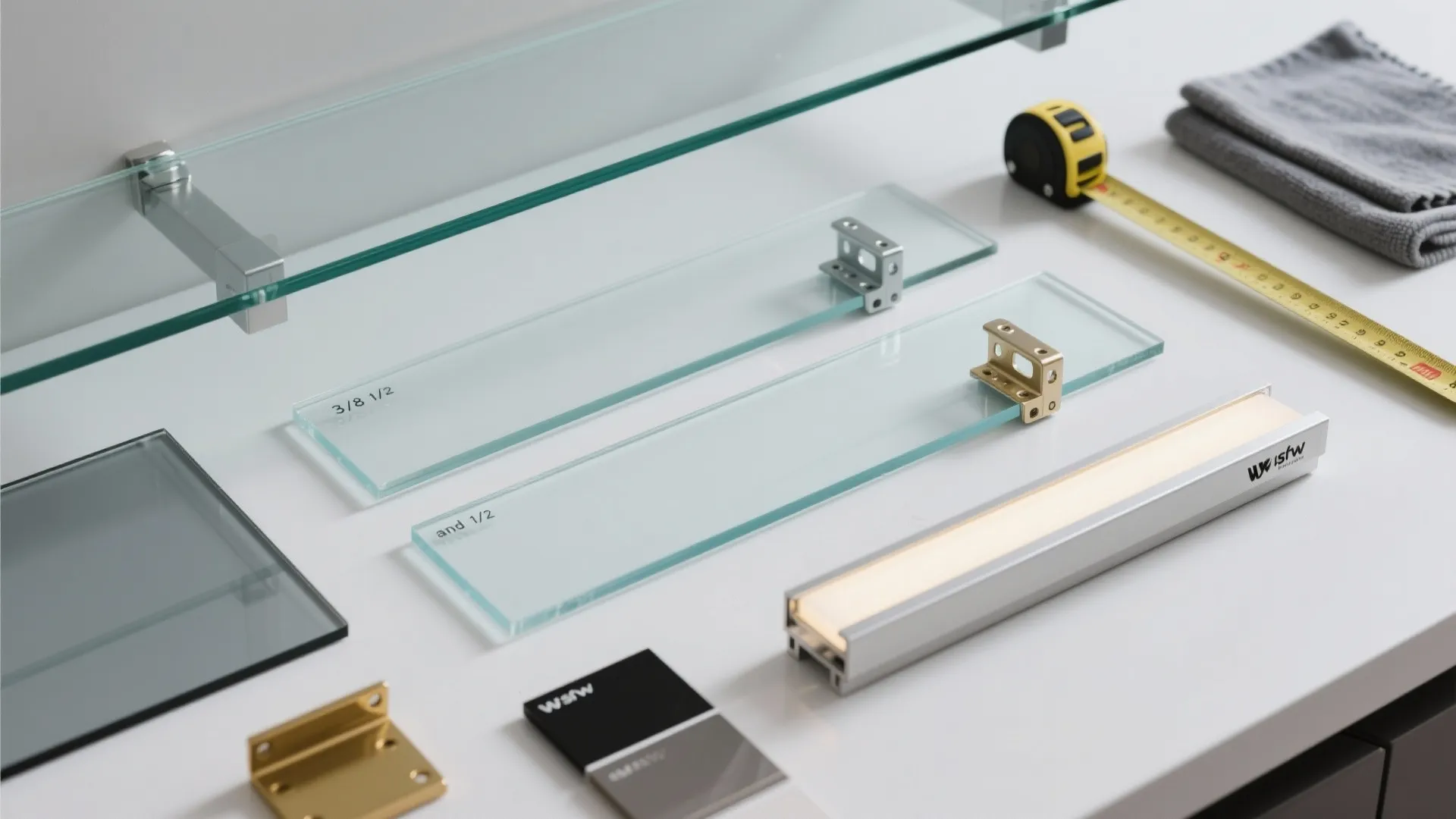 Glass shelves and metal hardware parts on white table with measuring tape and cleaning cloth