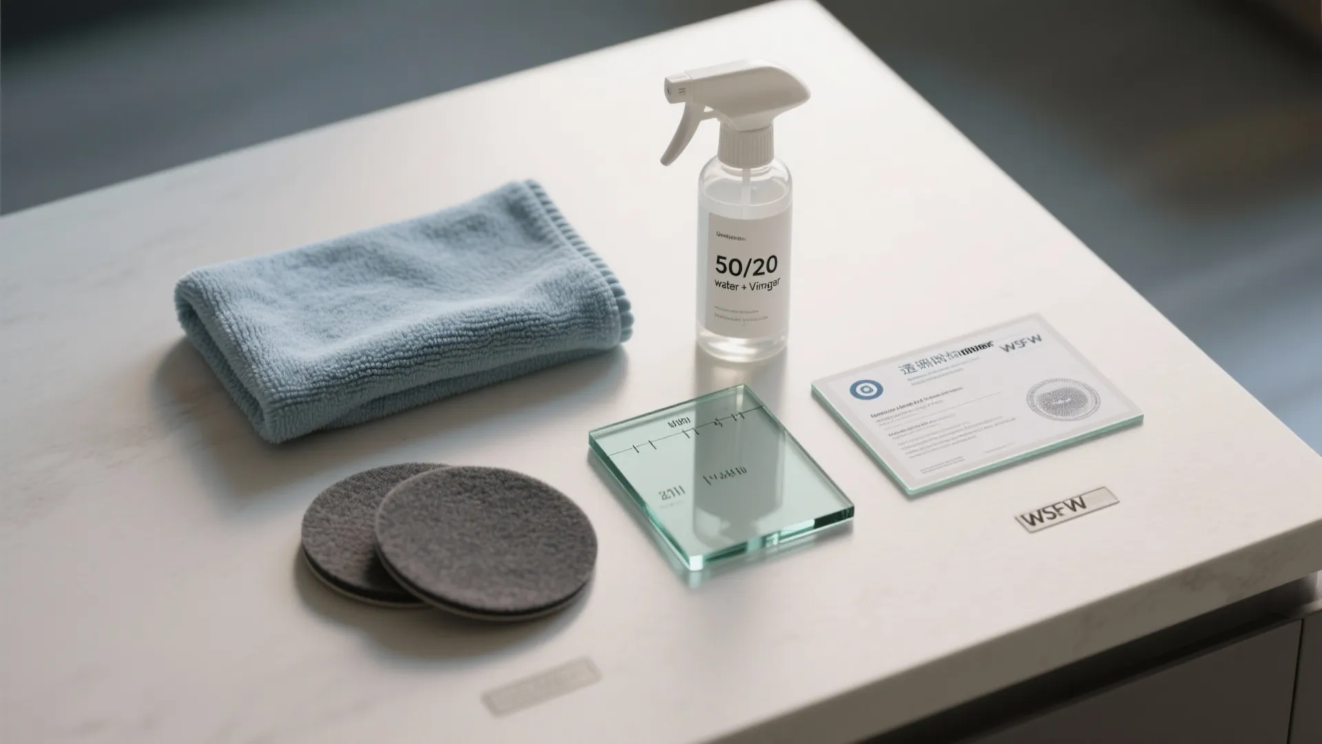 Flatlay of cleaning kit and tempered glass sample for coffee table care and safety FAQs.