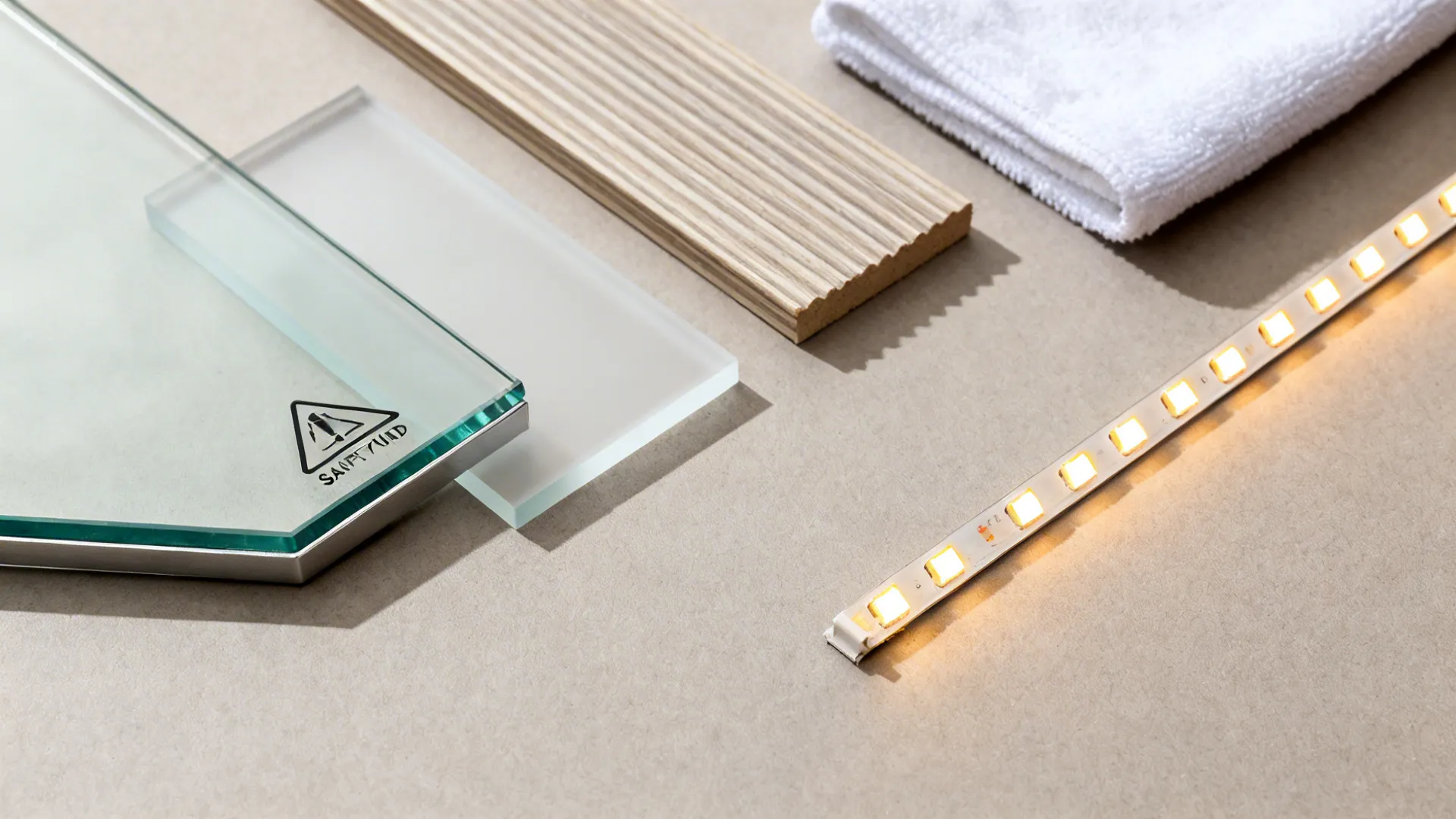 Macro still life with tempered glass edge, frosted and reeded samples, microfiber cloth, and LED strip.