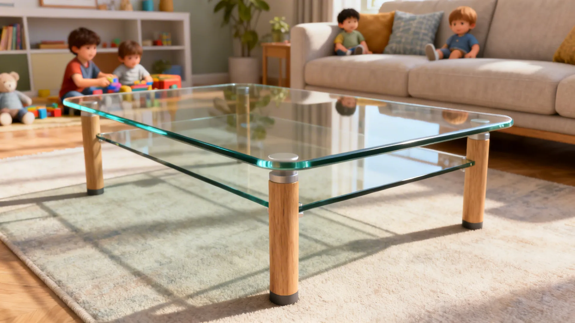 Family living room showcasing a tempered glass coffee table with rounded corners and sturdy base for safety.