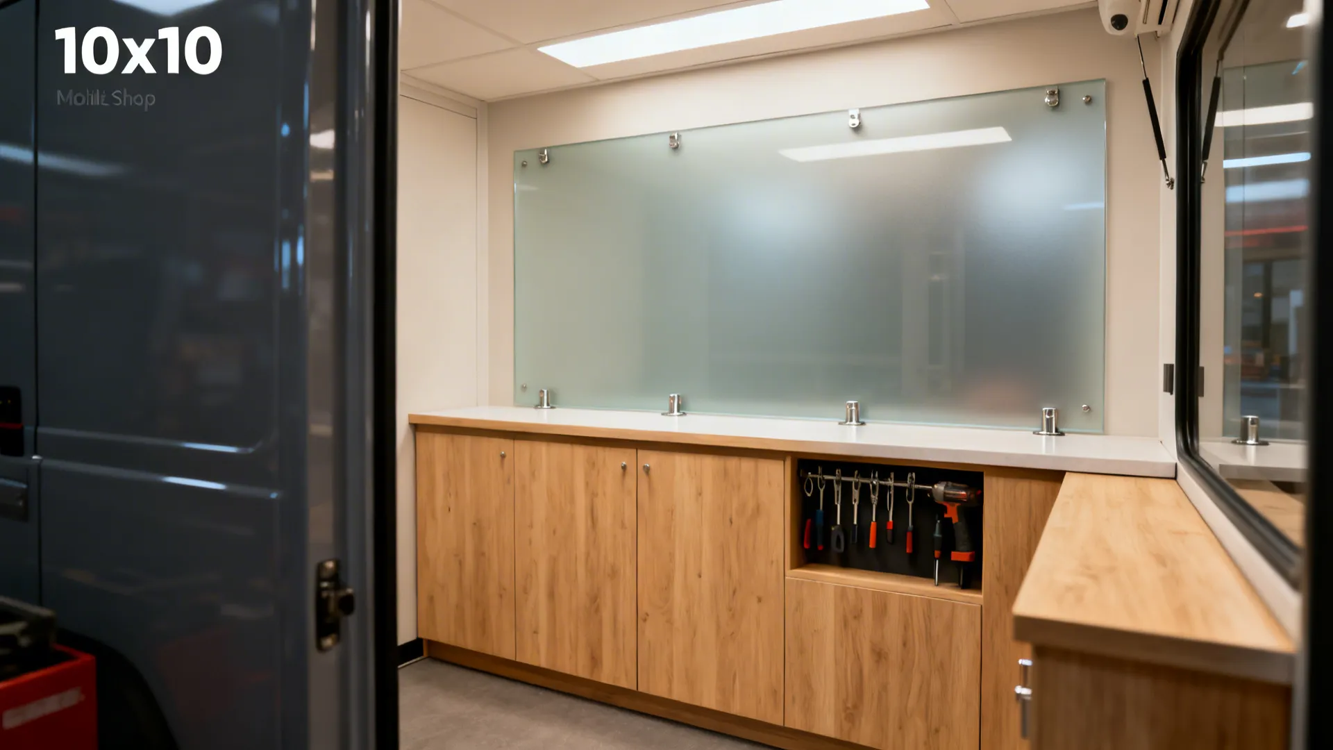 Satin glass feature wall behind a clean service counter that adds depth and brightness.