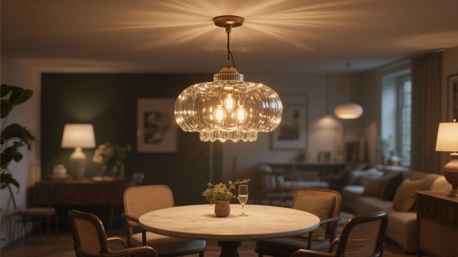 Warm dining room interior with round marble table and a large glass decorative ceiling light fixture