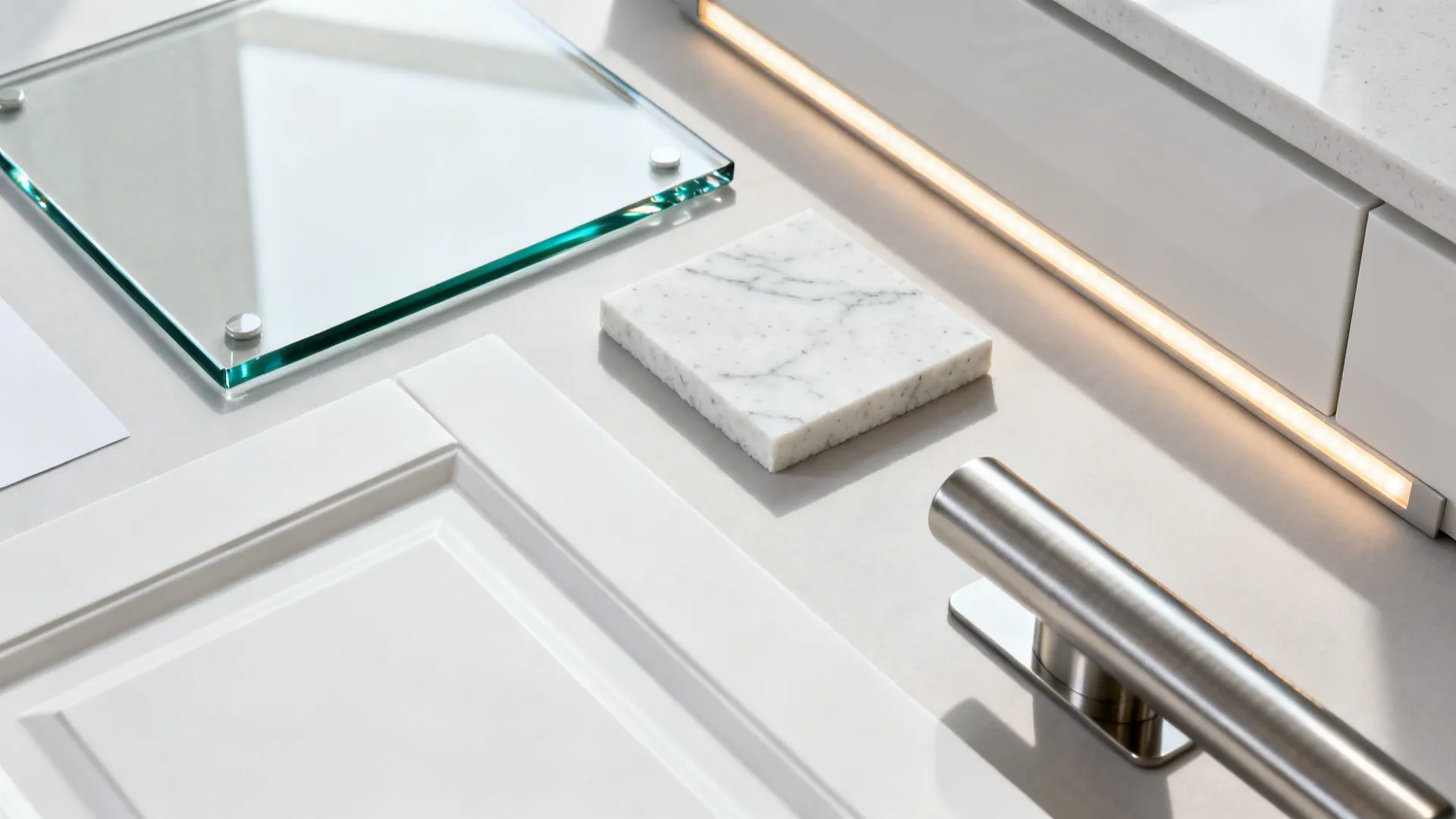 Material board with glass piece marble stone tile white cabinet door handle and warm light fixture