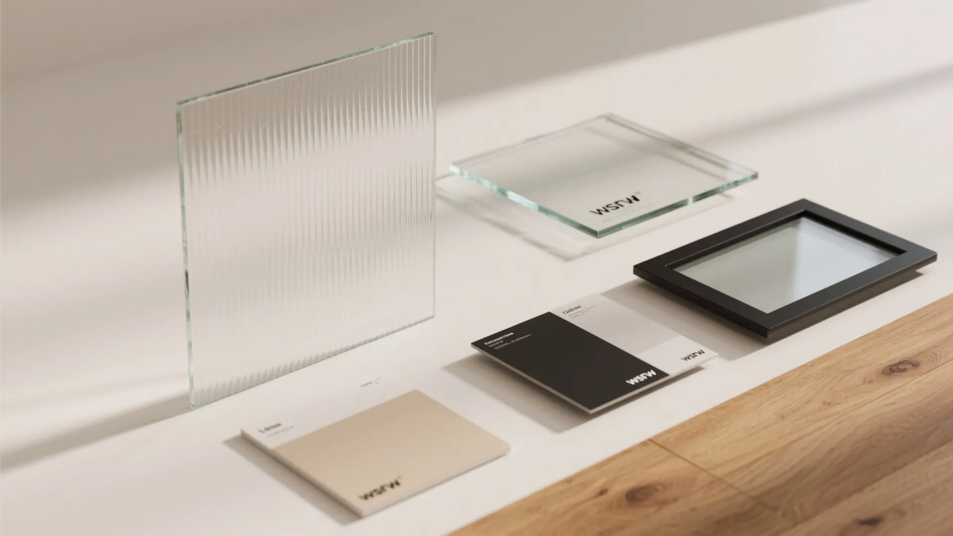 Interior design samples showing glass panels textured glass floor wood grain and white marble color tiles