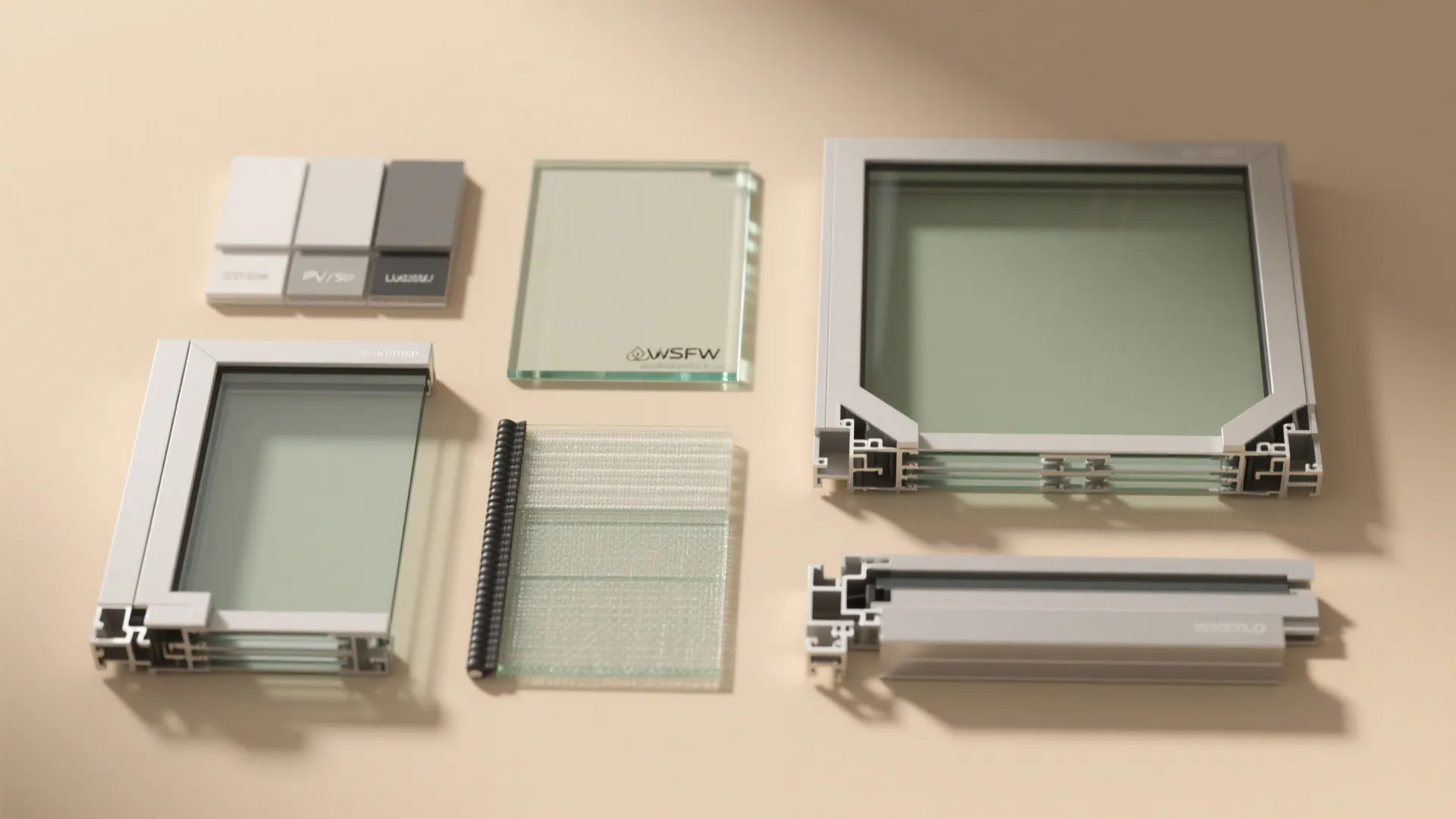 Various window frame sections and glass samples with color swatches displayed on a plain background