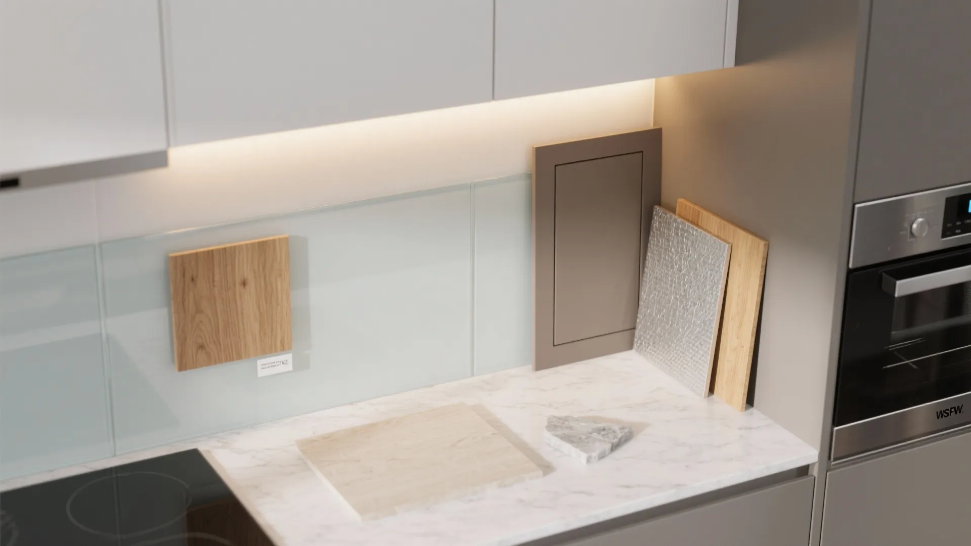 Close up of kitchen material samples including wood tiles and stone on a marble countertop