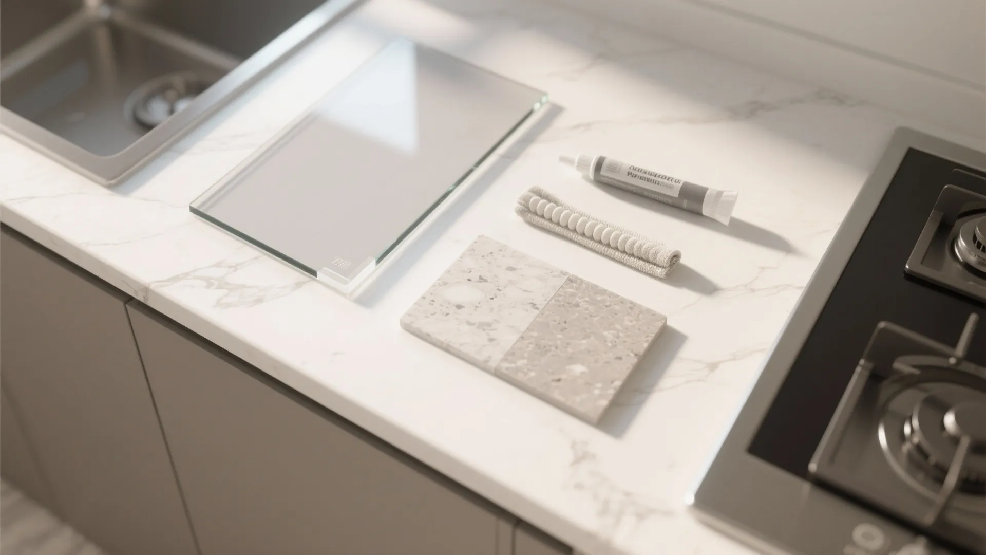 A glass backsplash for airy, easy-to-clean kitchens