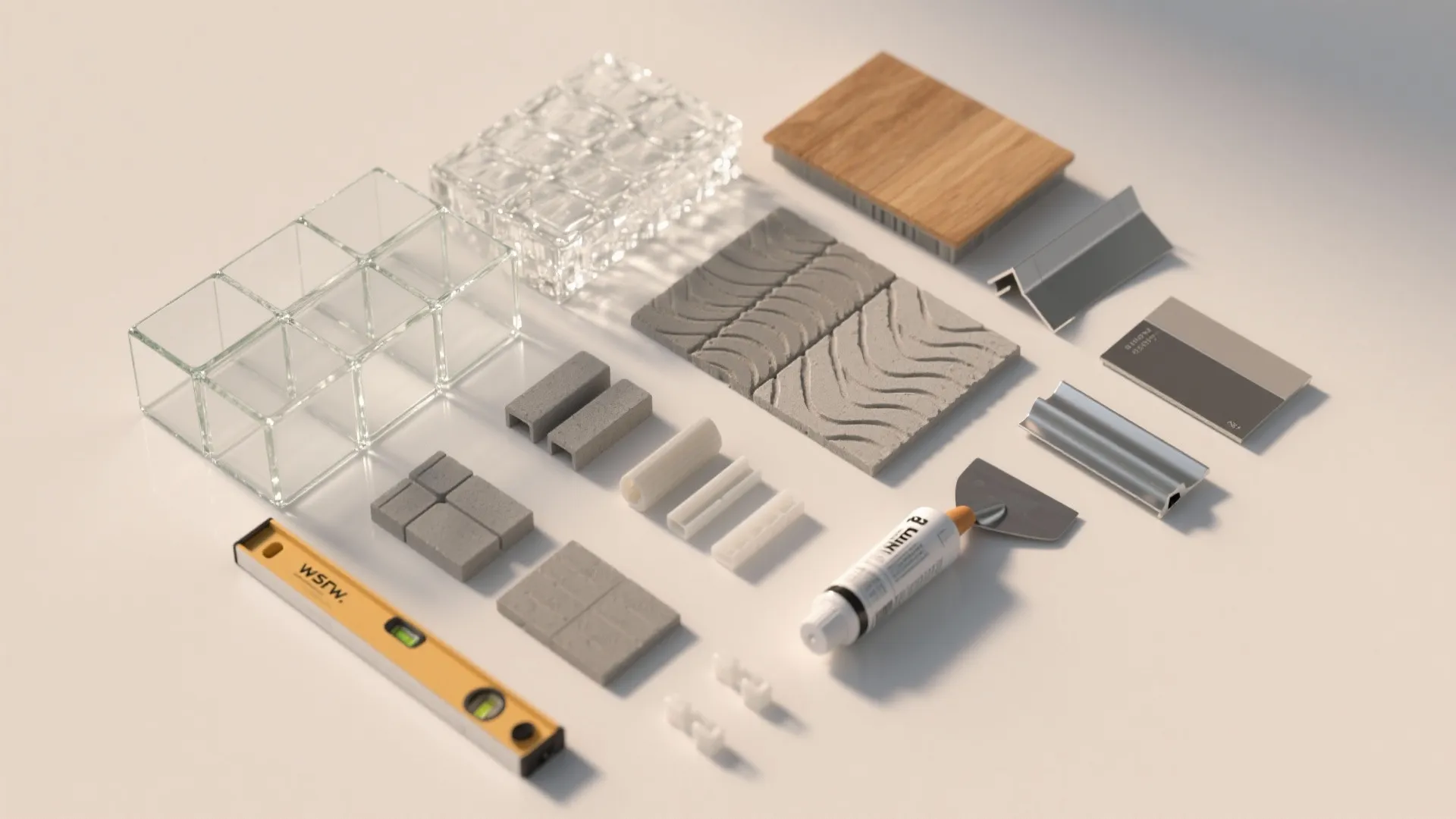 Collection of interior design materials including glass blocks wooden floor sample and metal building tools