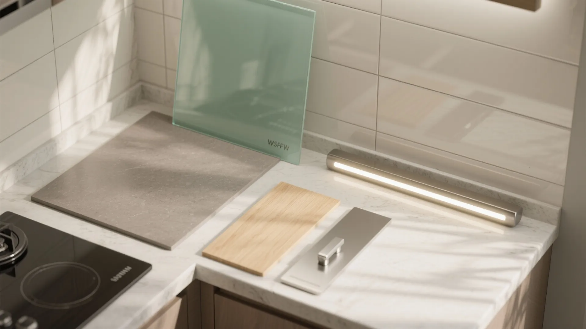 Glass backsplash and reflective finishes