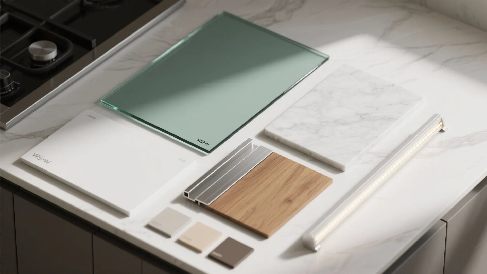 Light-bouncing finishes and a glass backsplash