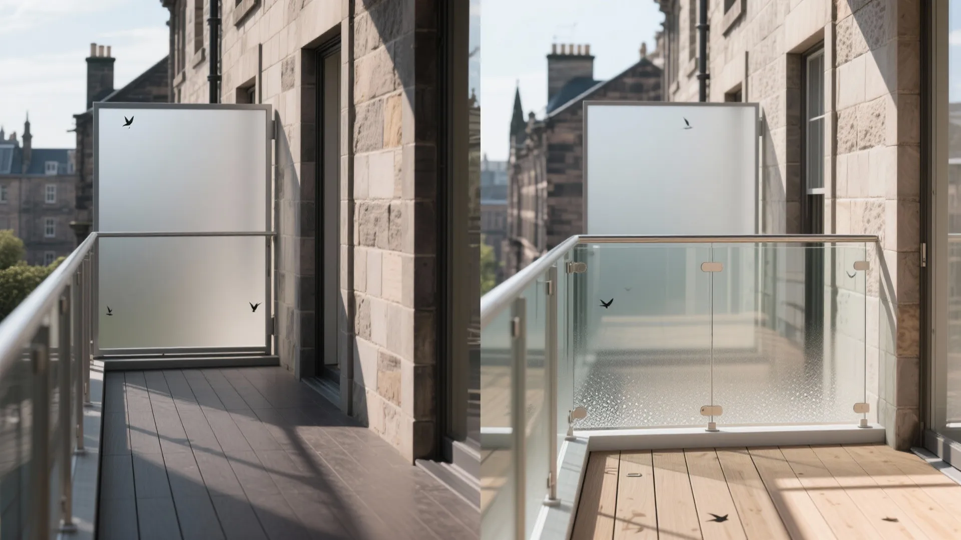 Slimline glass balustrade and light‑toned flooring