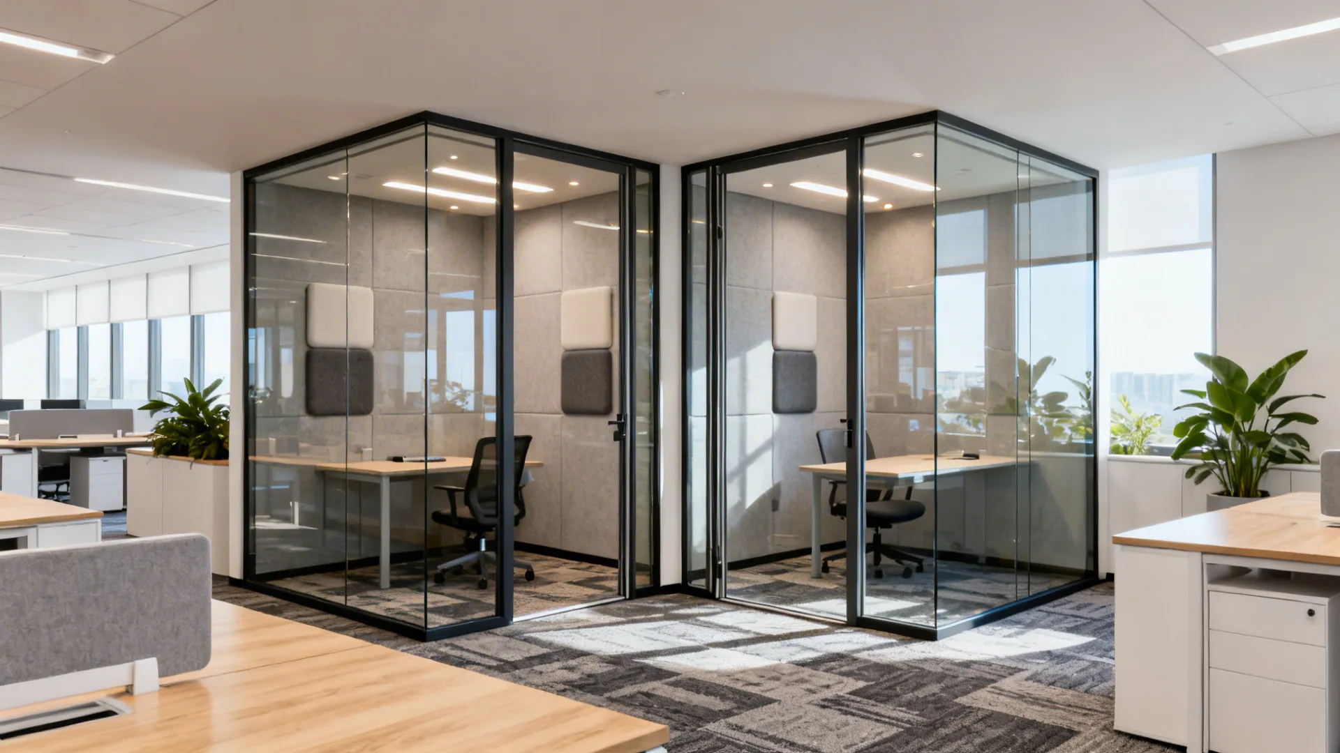 Glass-front focus rooms for privacy without isolation