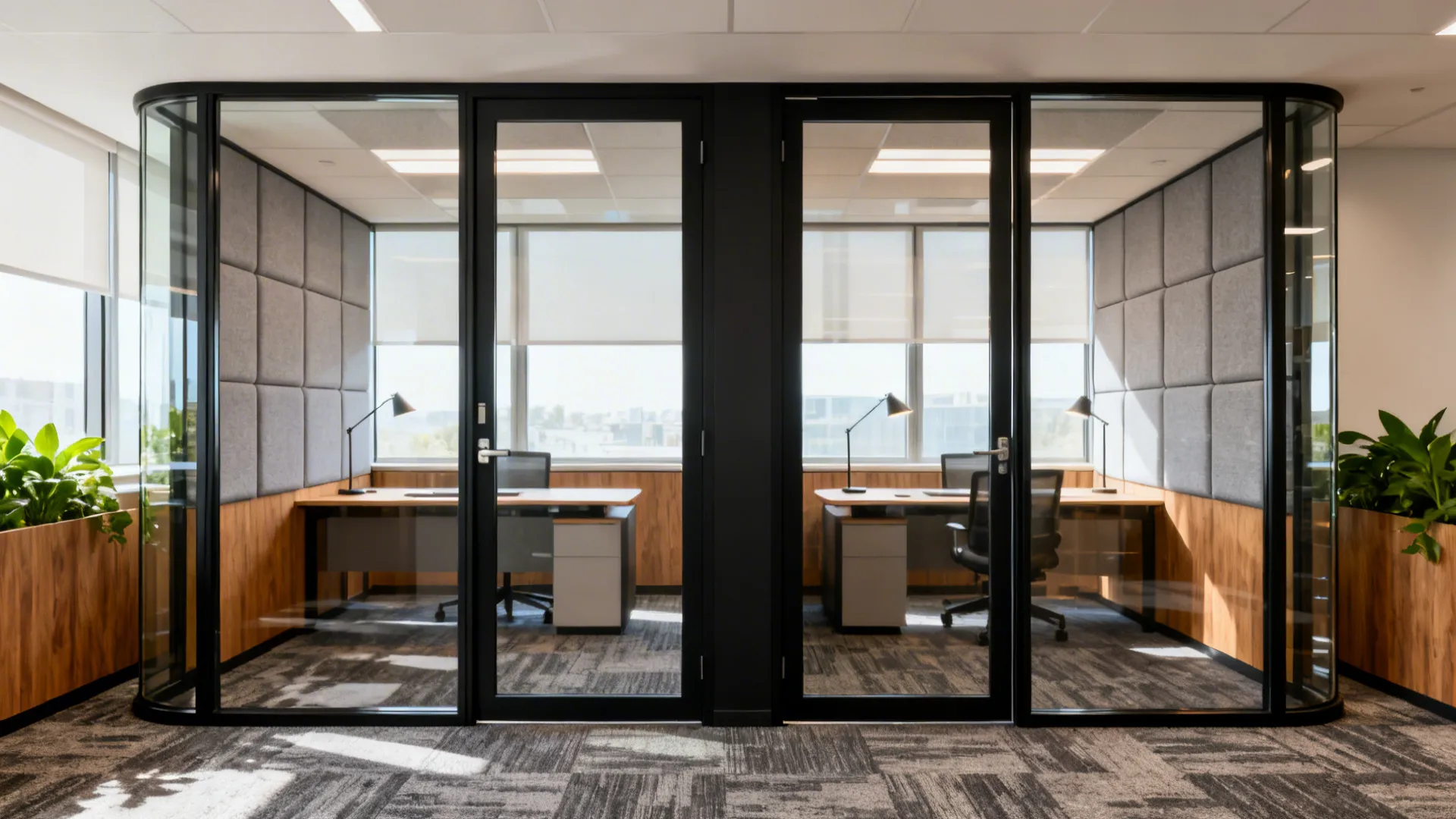 Two perimeter glass-front focus rooms with acoustic seals allow privacy and daylight.