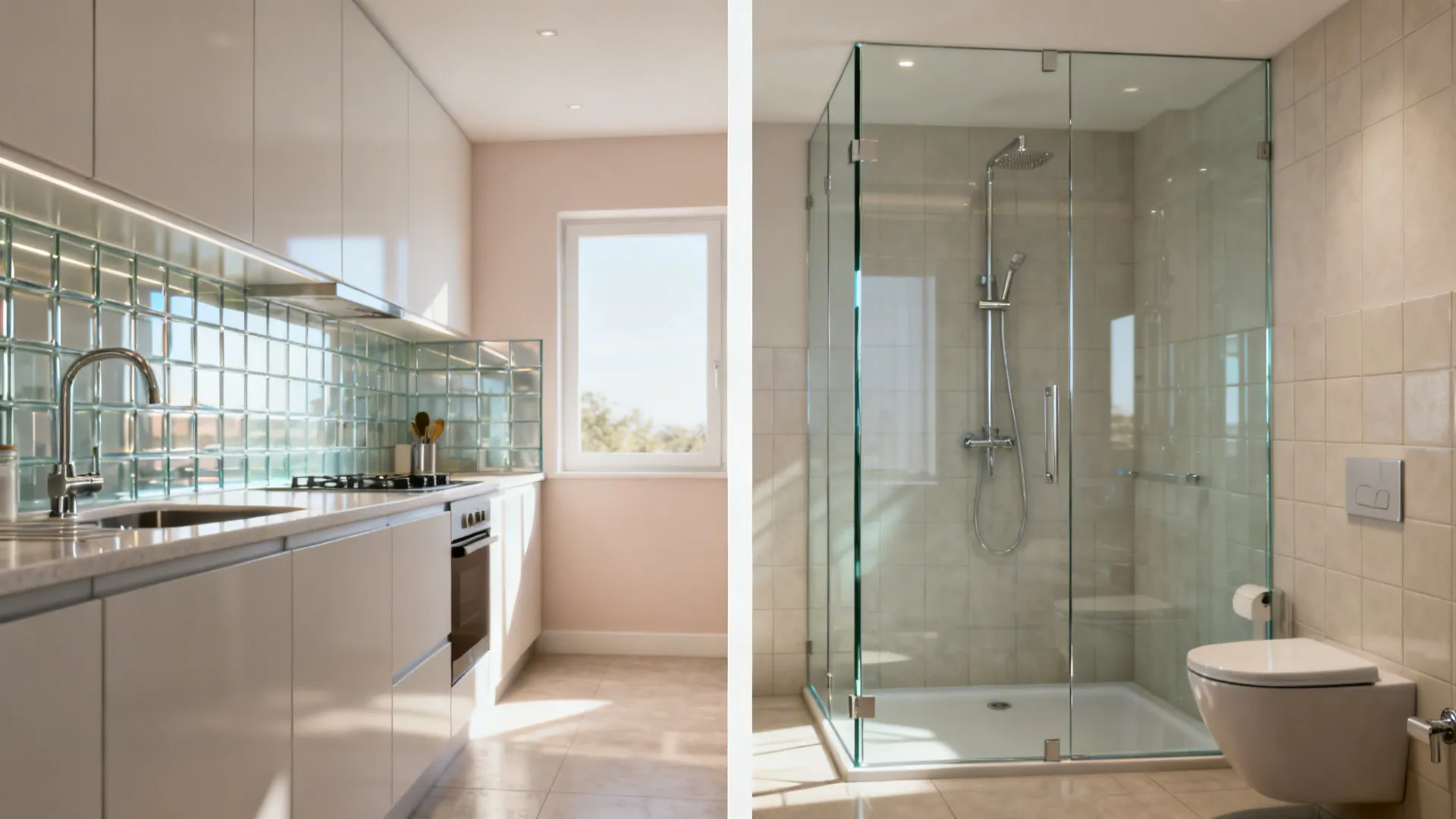 Glass backsplashes and shower panels for light and depth