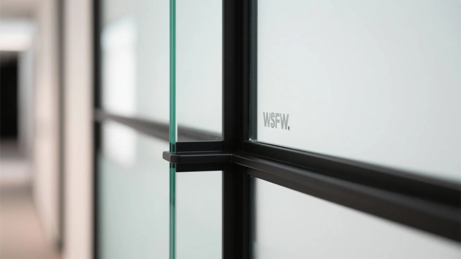 Macro of a slim black metal frame meeting low-iron tempered glass with precise finish.