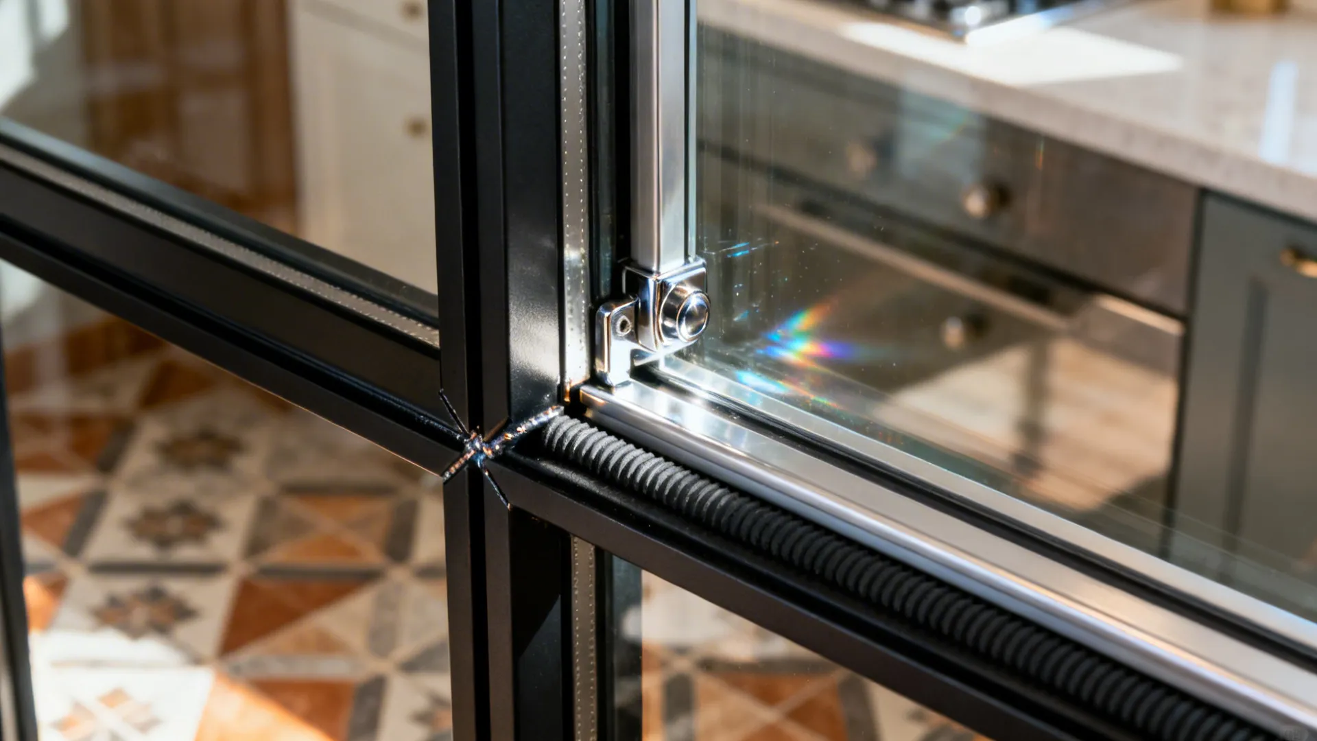 Macro view of black steel mullion and laminated glass on a sliding partition.