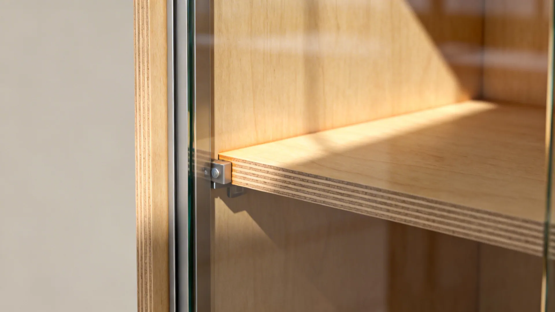 Detail of a slim framed glass upper door attached to a plywood cabinet with clean joinery.