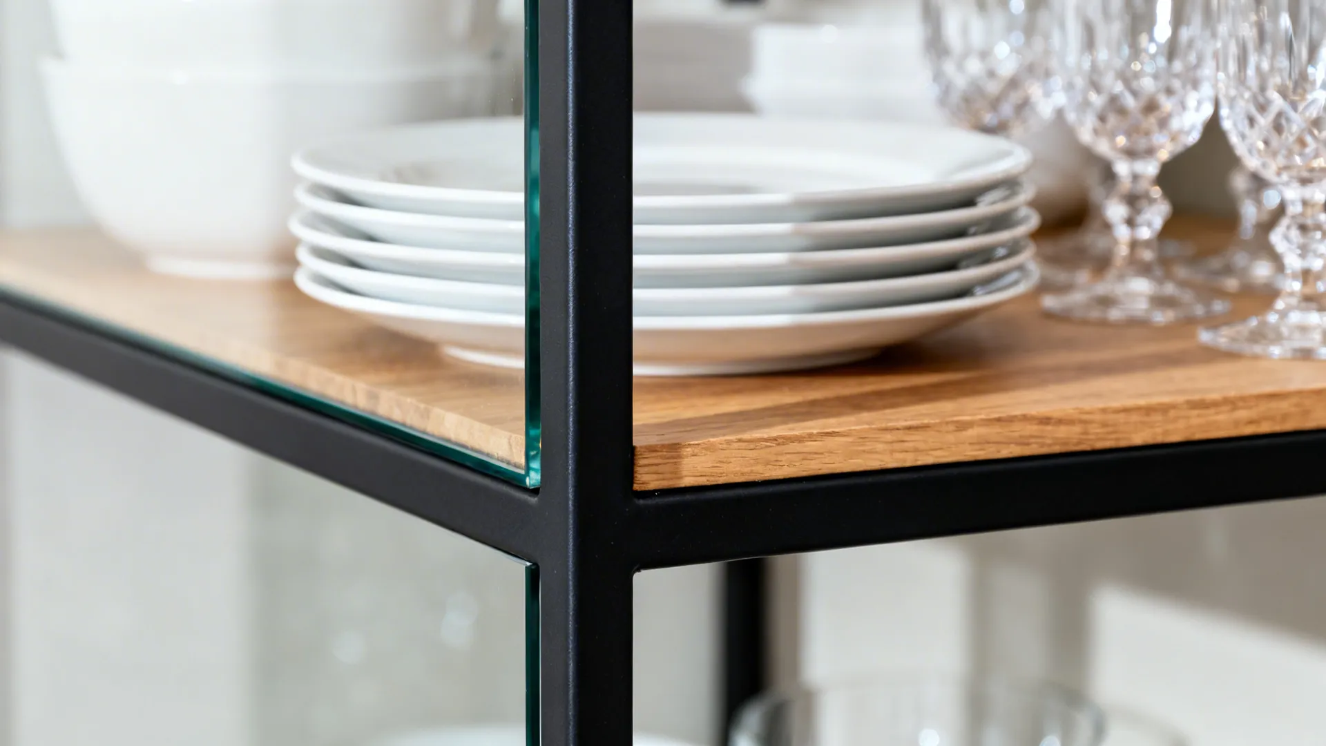 1) Slim Glass-Framed Partition with Display Shelves