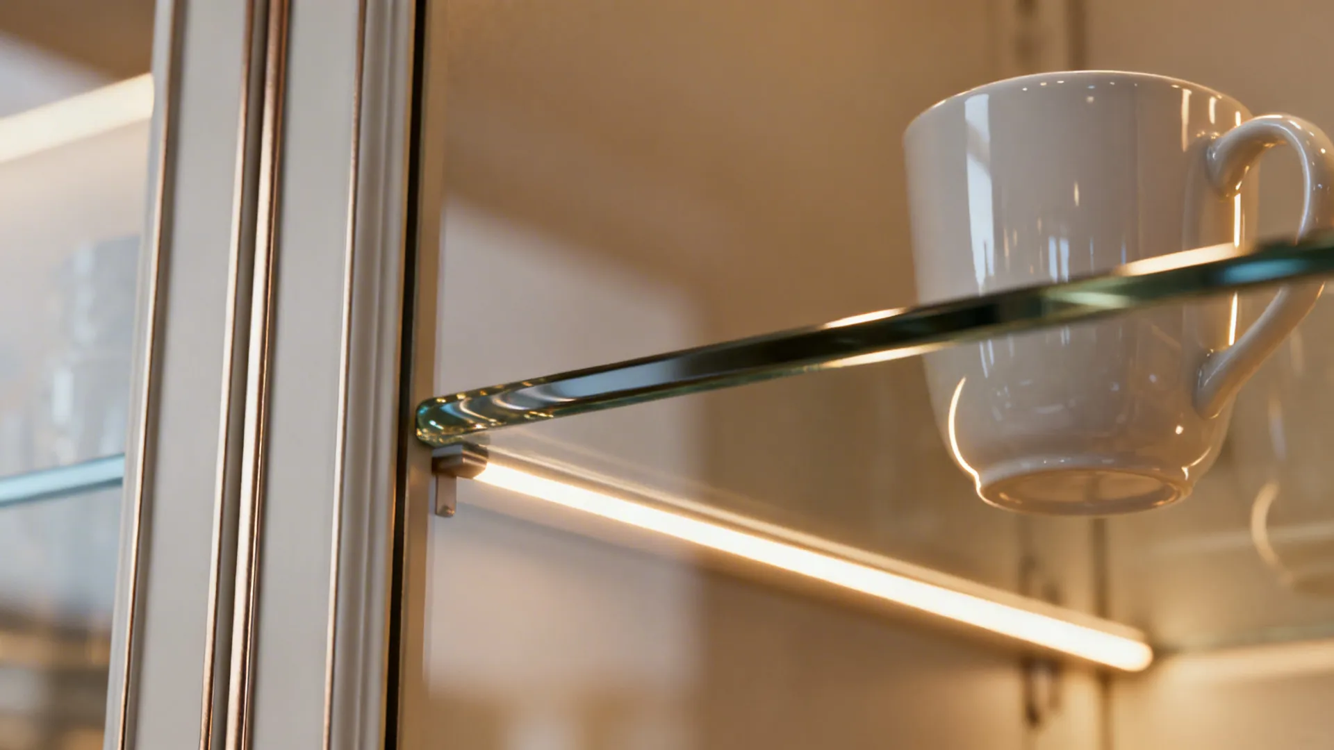Macro view of a slim concealed-frame glass cabinet with warm LED glow on porcelain cups.