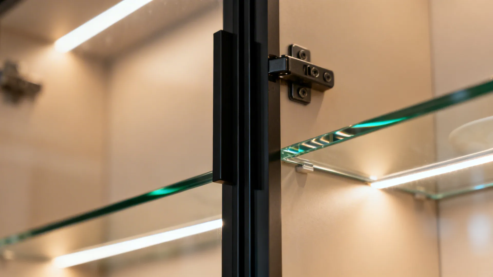 Macro of low-iron tempered glass door with slim black frame and soft-close hinge.