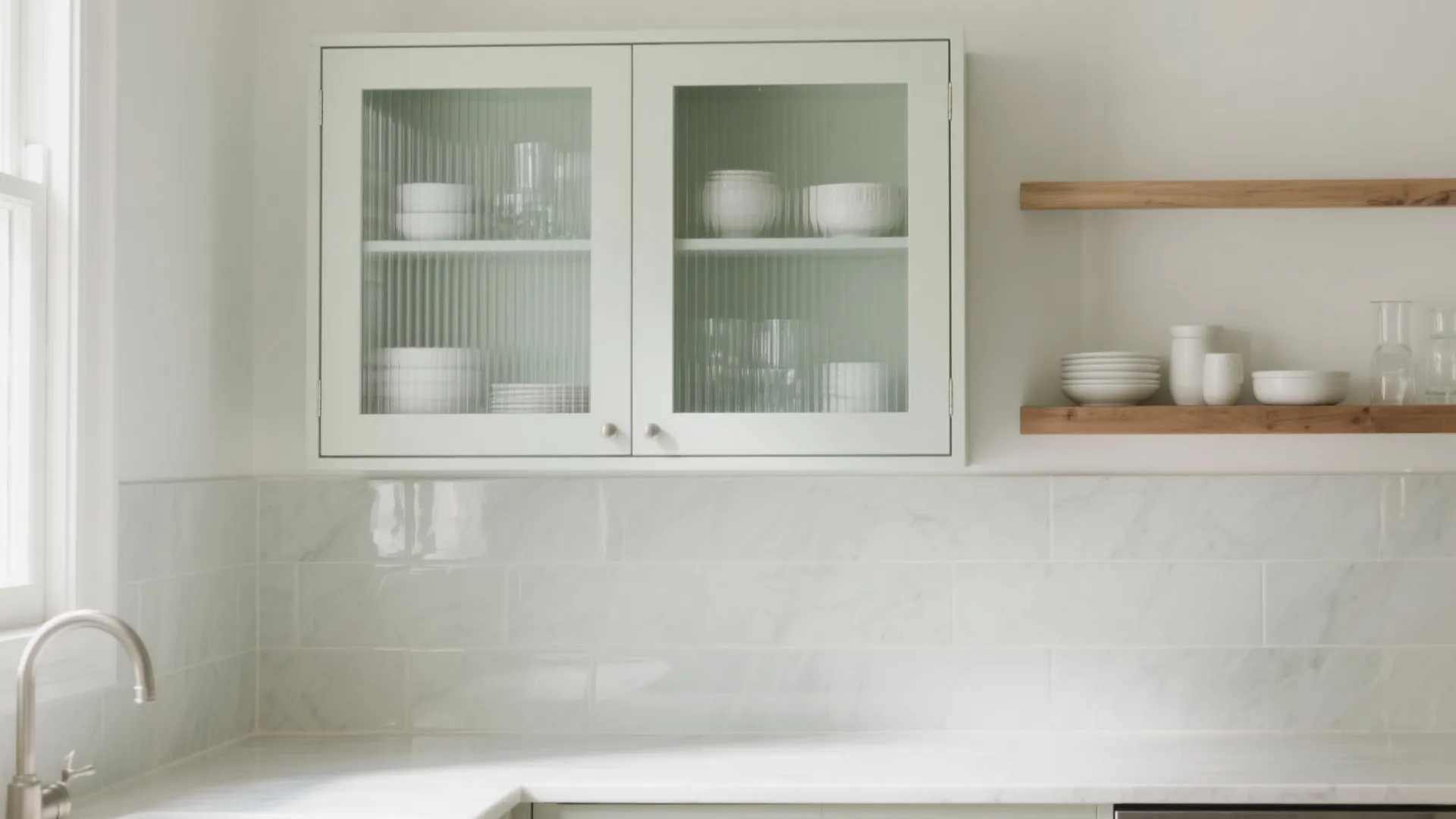 White kitchen wall with glass cabinet doors wooden shelves white bowls marble tiles and silver faucet