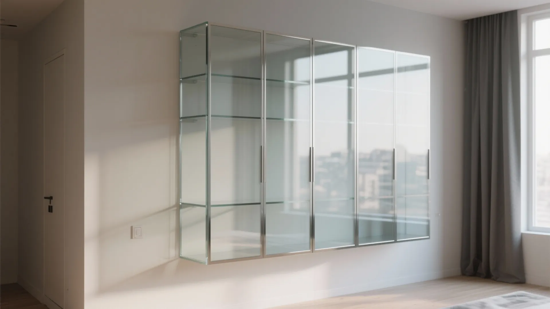 Modern wall cabinet with glass doors and metal frames in a bright living room interior