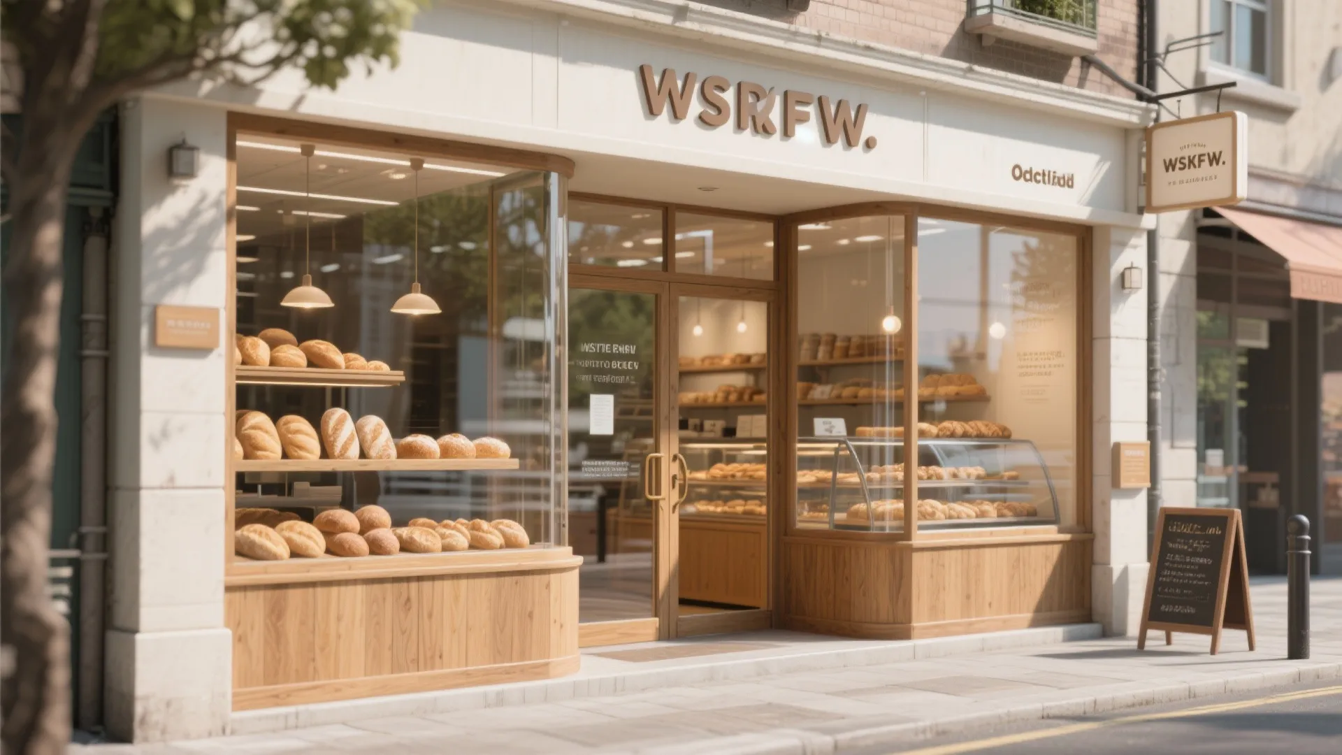 Cozy bakery storefront with large glass windows displaying fresh bread on wooden shelves and tables