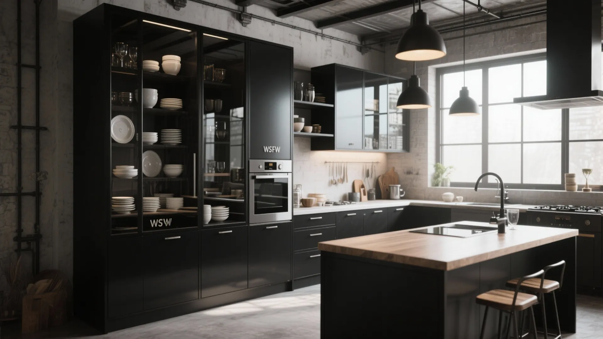 9. Glass-Front Black Cabinets