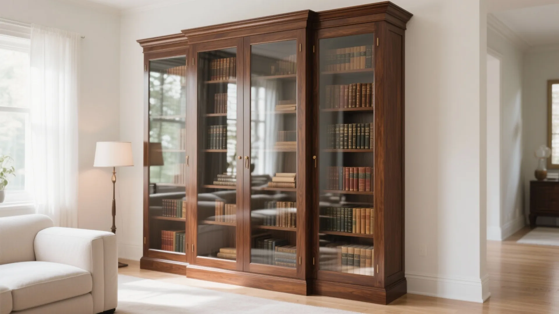 Walnut bookcase with glass doors displaying rare books