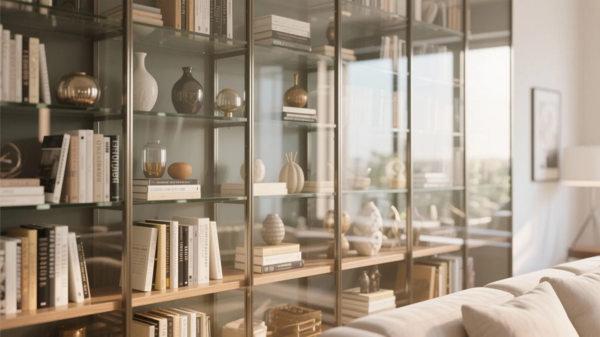 Close up of glass shelves filled with books and decorative vases in a bright living room