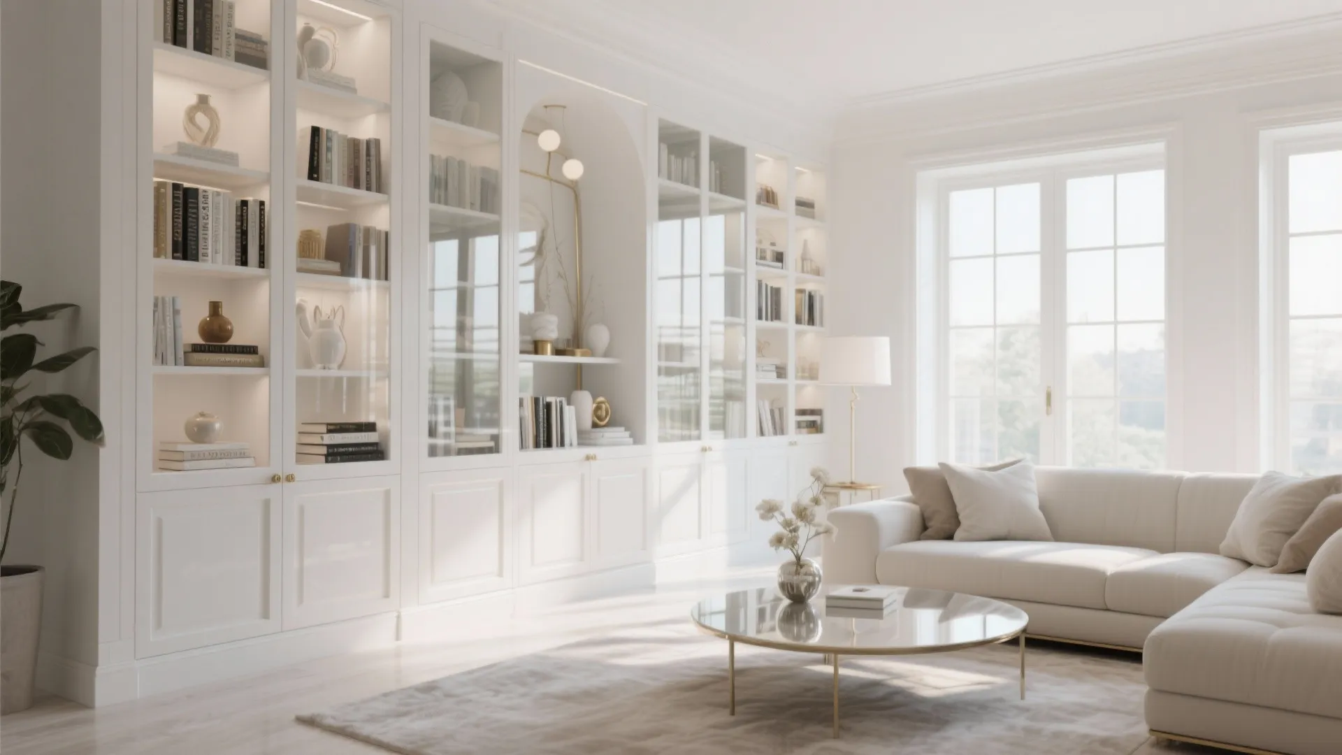 White glass-front cabinets displaying books and decor in a bright living room