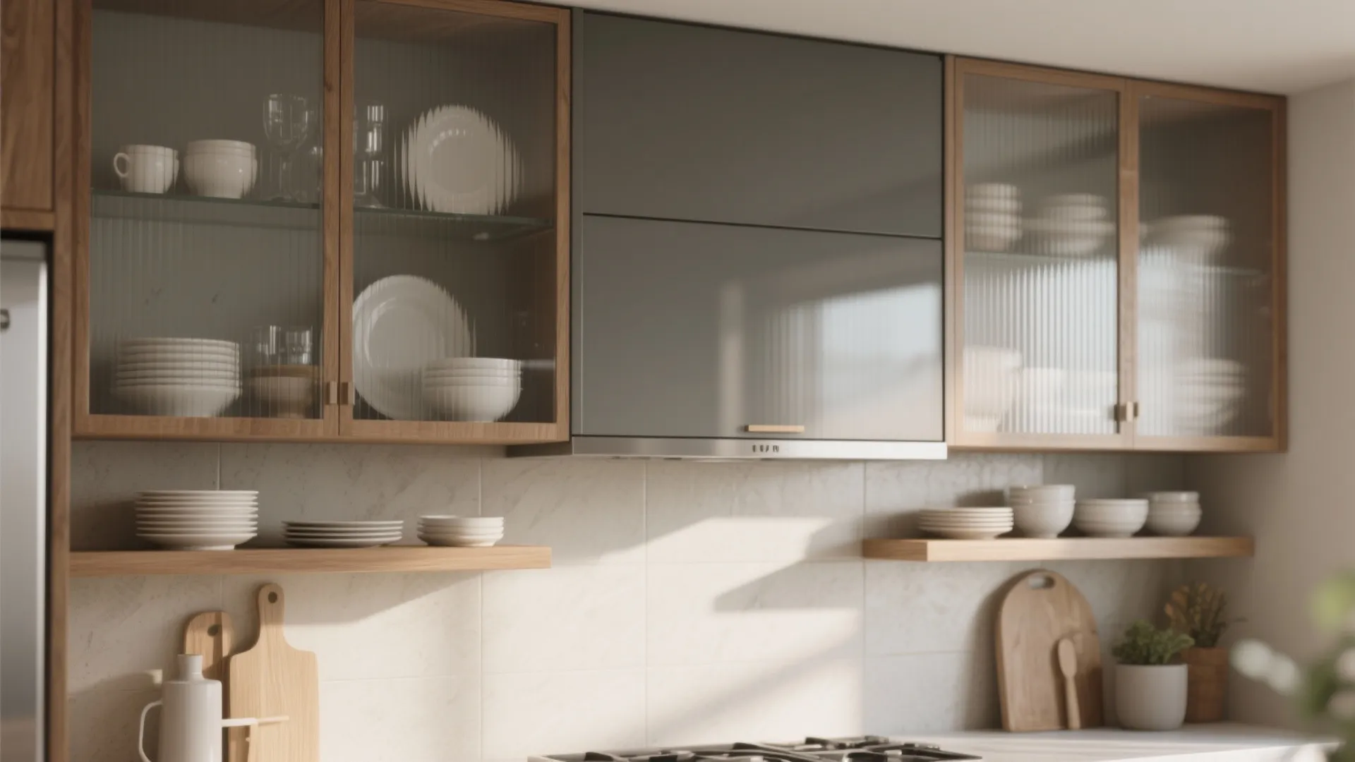Modern kitchen with glass door wooden cabinets white plates wooden shelves and a grey hood
