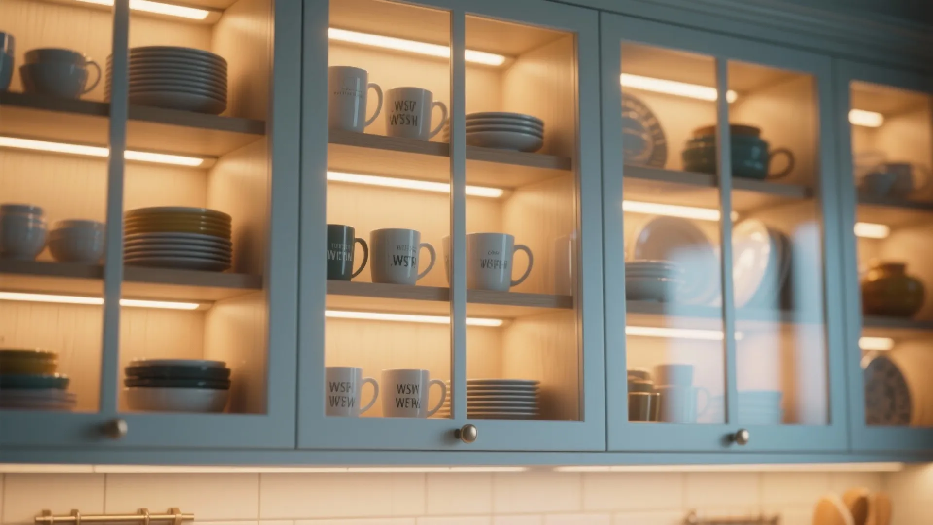 Kitchen wall cabinet with glass doors showing mugs and plates with warm white light fixture