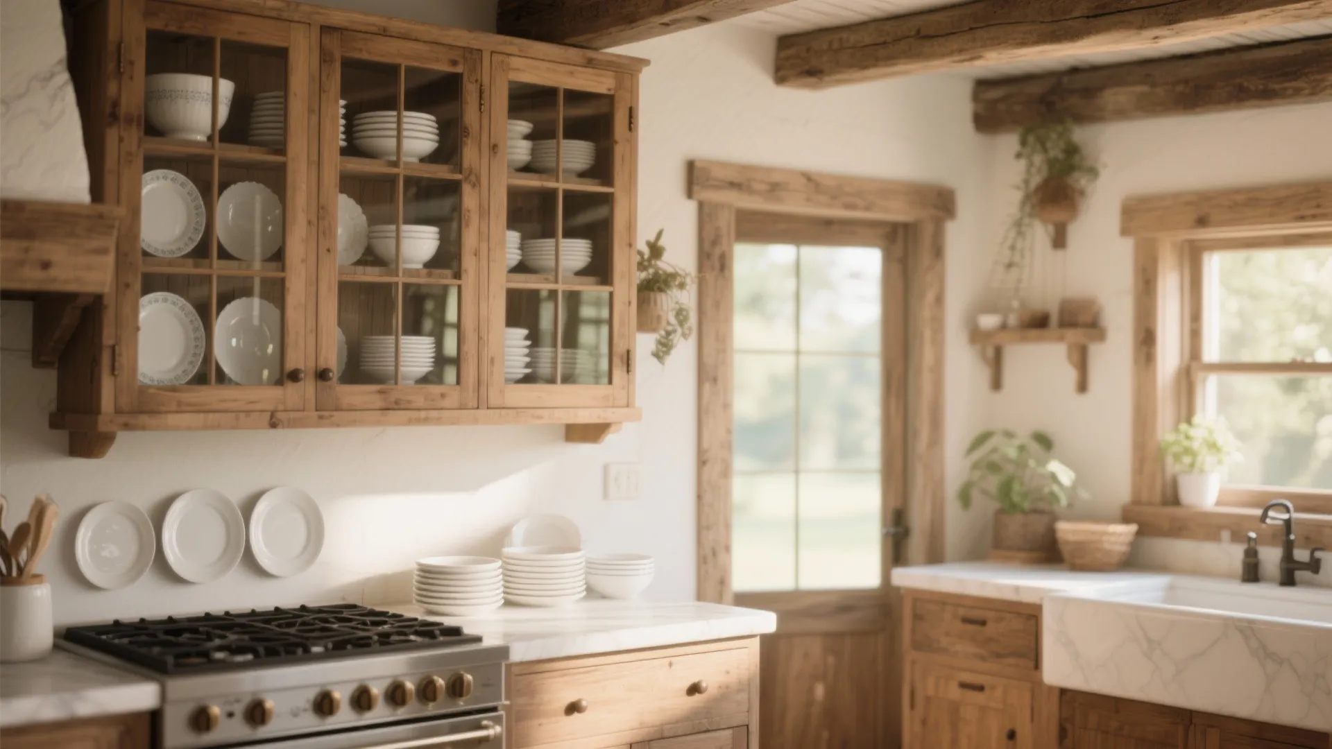 Glass-front rustic cabinets with displayed ceramic dishware