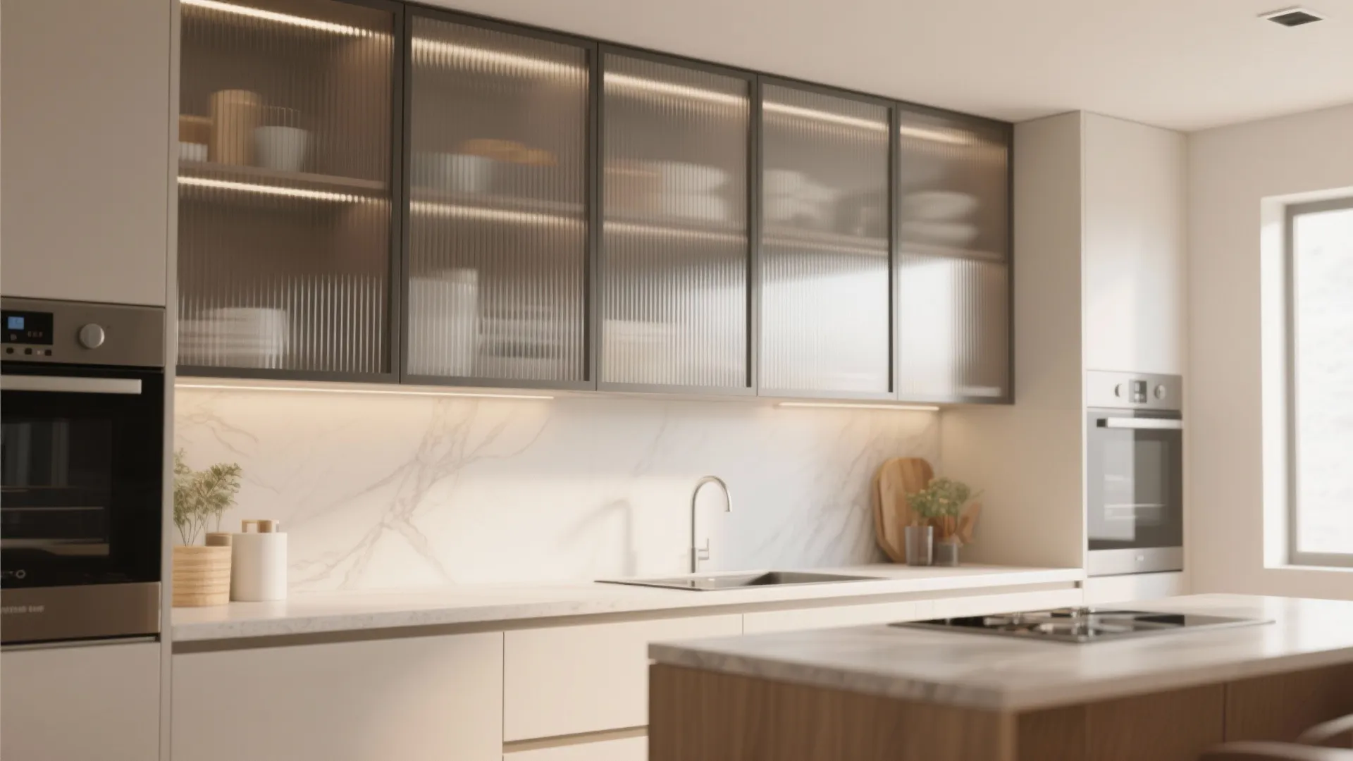 Contemporary kitchen design with ribbed glass upper cabinets white marble backsplash and integrated lighting fixtures