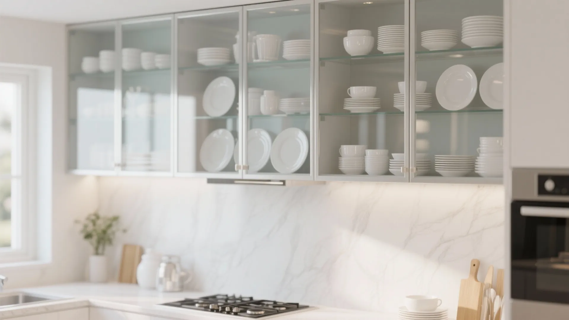 Modern kitchen with glass front wall cabinets showing neatly organized white plates bowls and cups