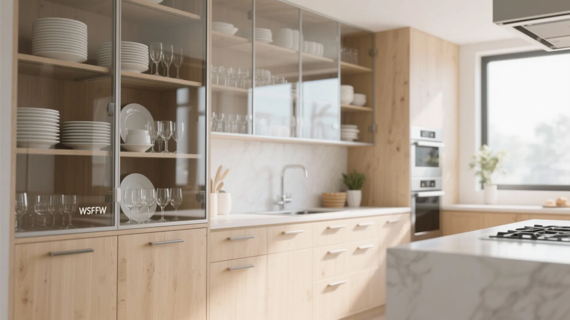 Modern kitchen with light wood cabinets and glass doors showing white plates and clear glasses