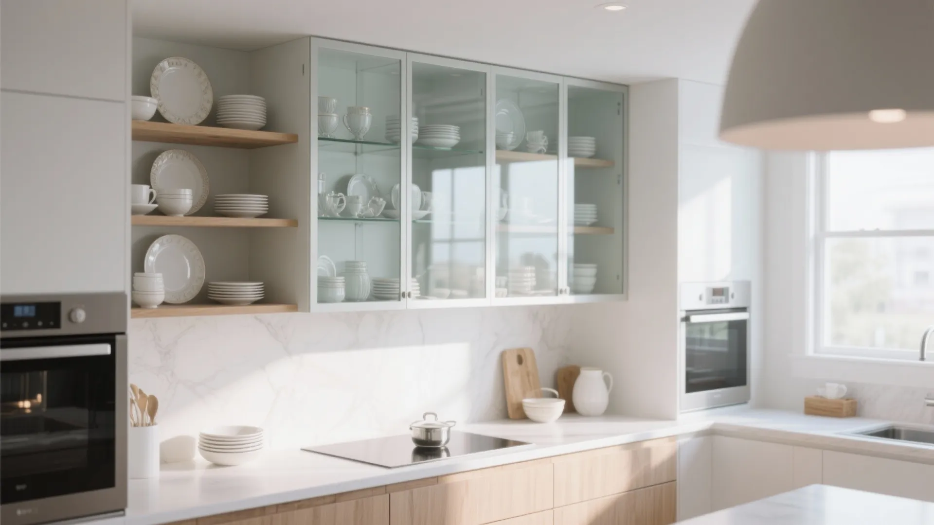 Bright kitchen with glass front wall cabinet showing neatly arranged white plates bowls and cups