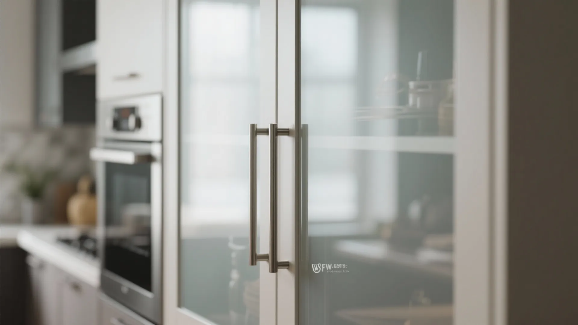 Close up of white kitchen cabinet with glass doors metal handles and built in oven