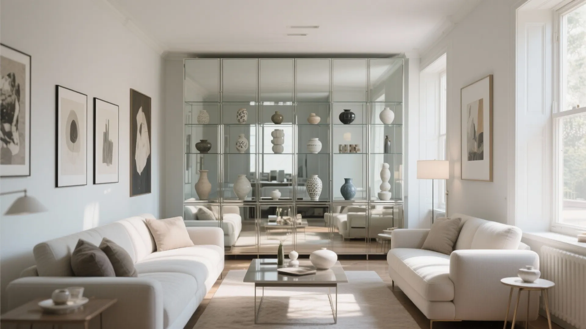 Glass front cabinets for visual depth