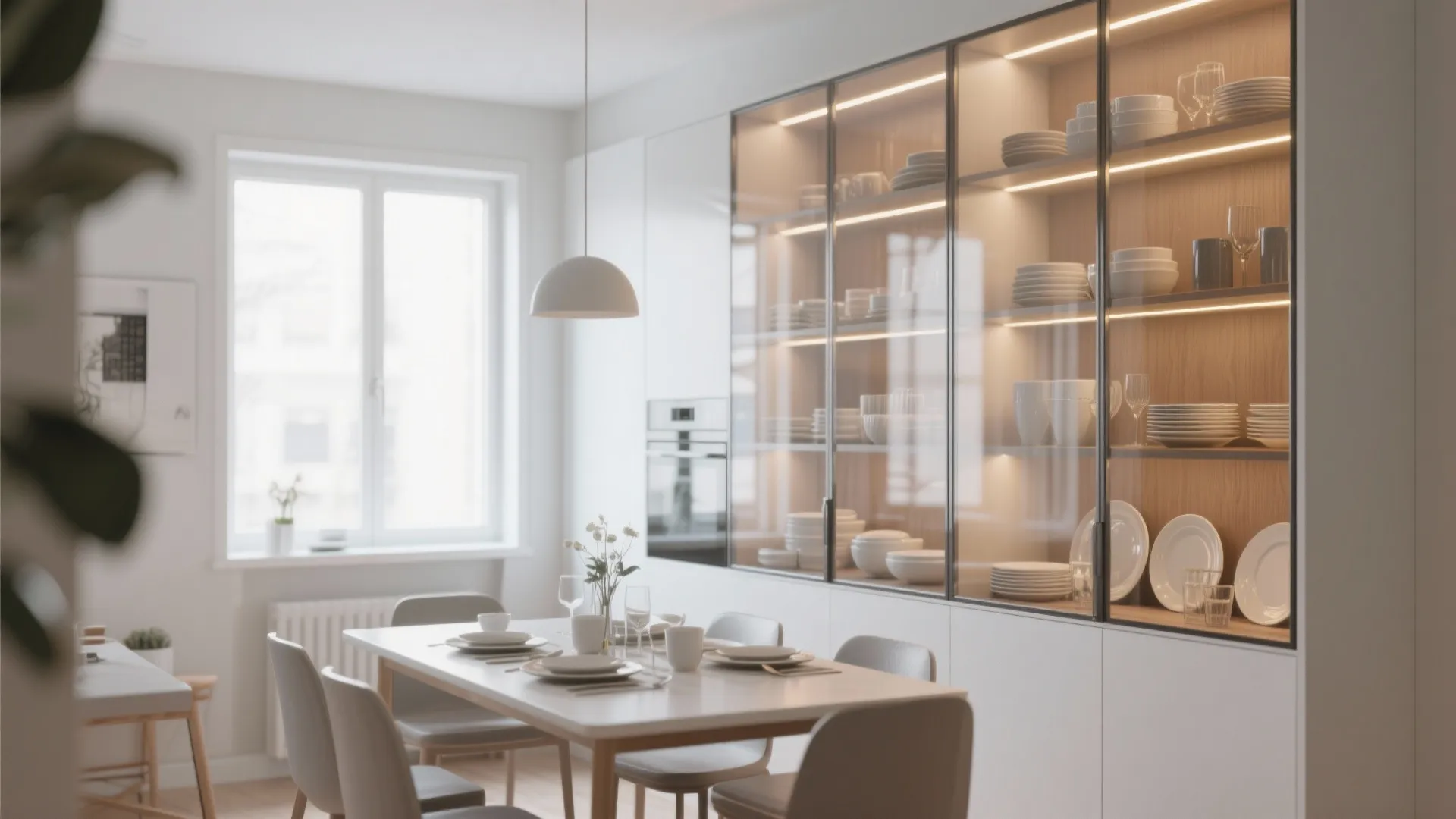 Slim glass-front dining cabinets with warm LED lighting